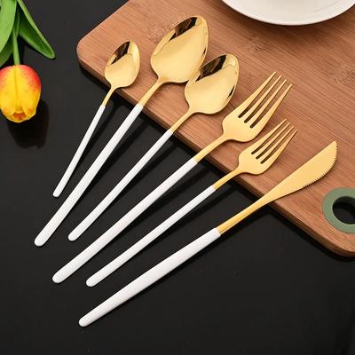 6Pcs White Gold Flatware Cutlery Set Stainless Steel Knife Dessert Fork Spoon Tableware Set Festival Kitchen Dinnerware Gift