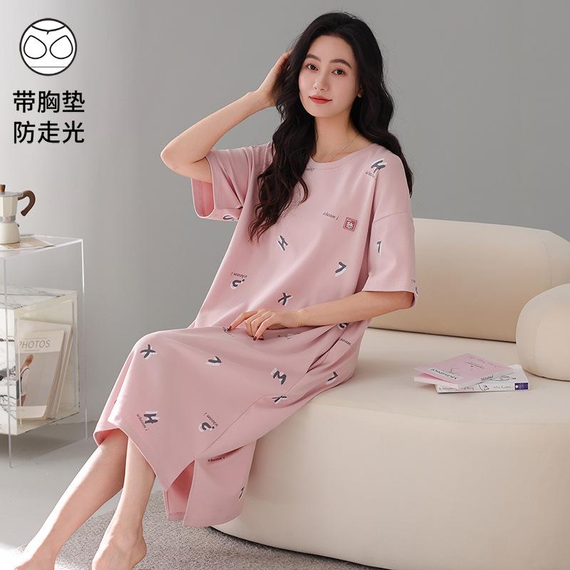 With Chest Pad~ Casual Nightdress Women's Summer Thin Cotton Short-sleeved Striped Medium and Long Dress Large Size Loungewear 55kg