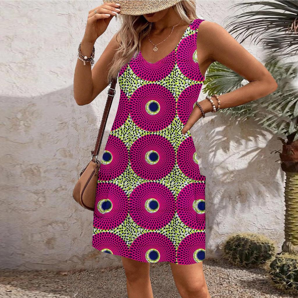 Women's Casual Sundress With Pockets Summer Boho Beach Dress Floral Blouses For Women T-Shirts Dress V Neck Loose Tank Dresses
