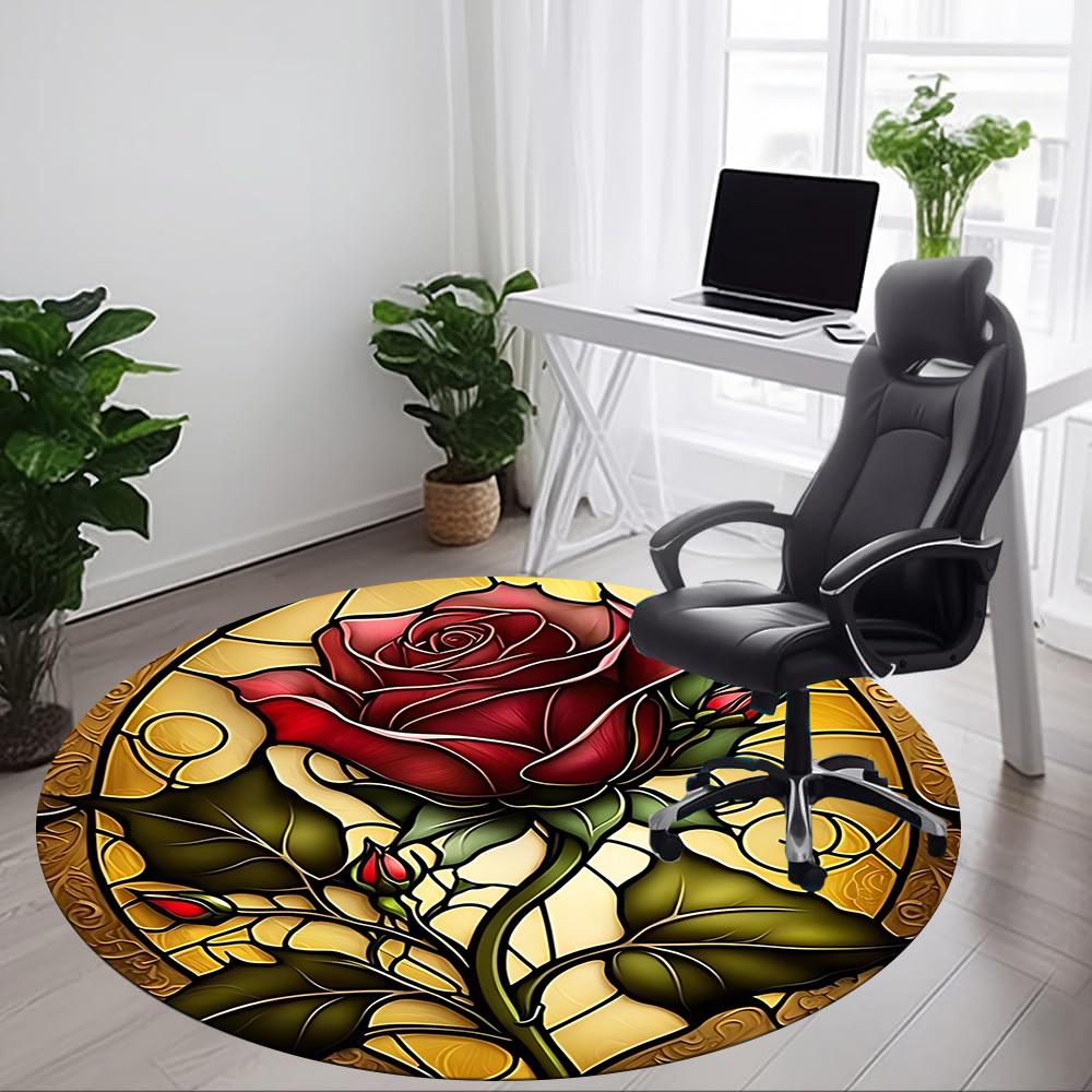 1pc Rose StainedGlass Office Round Area Rug, Under Office Chairs Bedroom Living Room Home Decor, Room Deco