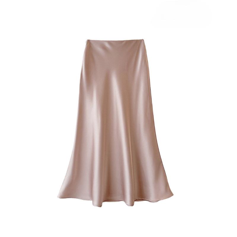 Satin High Waisted Midi Skirts for Women Hidden Elasticized Waistband A Line Flared Skirt Women's Spring Summer Silk Cocktail Flowy A-Line Skirts