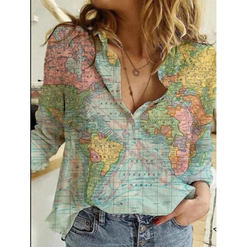 Women'S Map Print Shirt V-Neck Loose Short-Sleeved T-Shirt