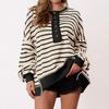 Women's Fashion Striped Round Neck Long Sleeve Button Top Color Blocked  Pullover Sweatshirt Top