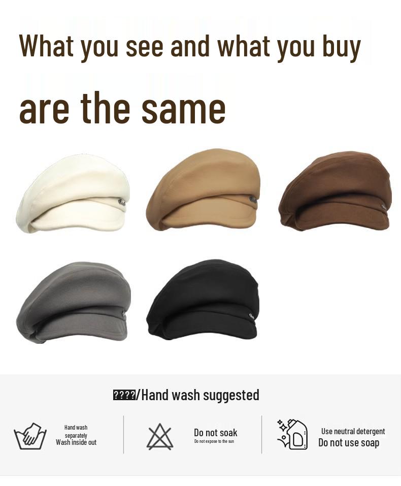 Cloud Octagonal Hat: Women's Retro Khaki Beret, Large Face-Slimming Autumn/Winter Cap, Men's Black Flat Hat