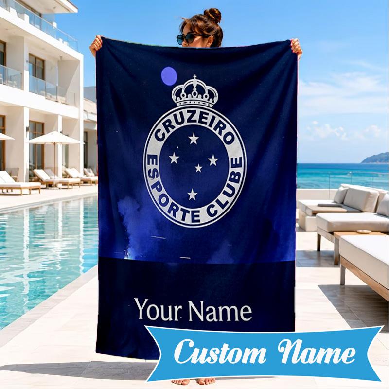 Custom Name Cruzeiro Esporte Club Crest Personalized Microfiber Beach Towel, Quick-Dry, Ideal for Summer Travel, Beach Essential, Swimming