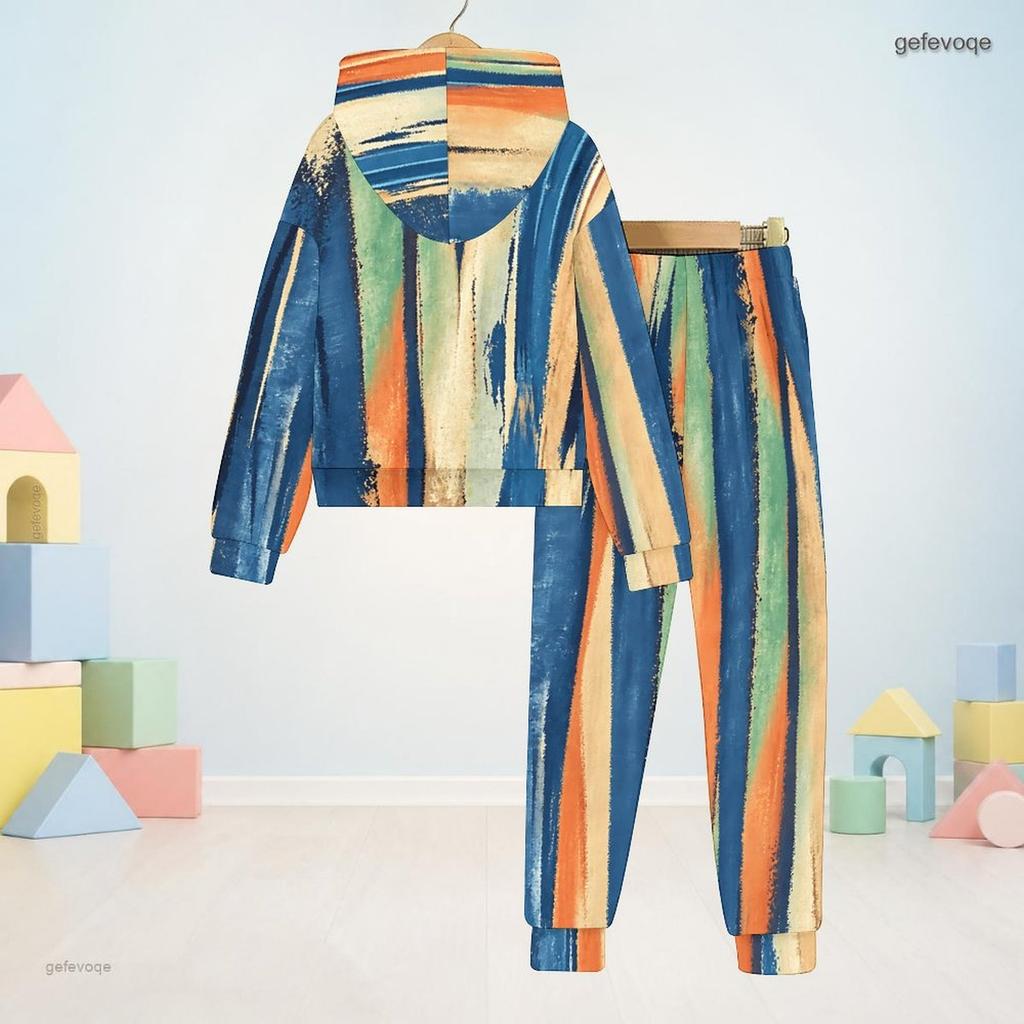 Kids Printed Hooded Long Sleeve Sweatshirt Cuffed Pants Two Piece Set Blue Pink White