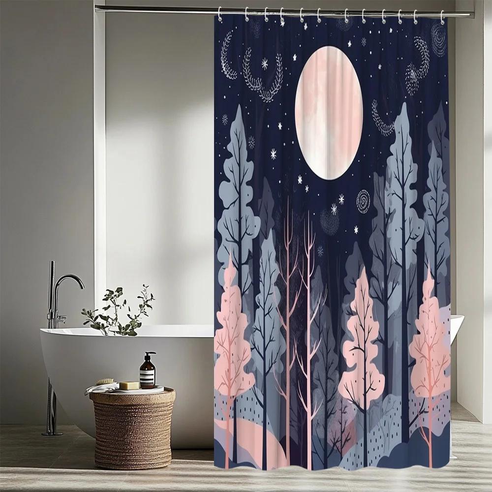 1pc Moonlit Forest Shower Curtain with Tree Landscape Design, Adds a Mysterious Ambiance To Your Bathroom, 70. 8x70. 8 Inches