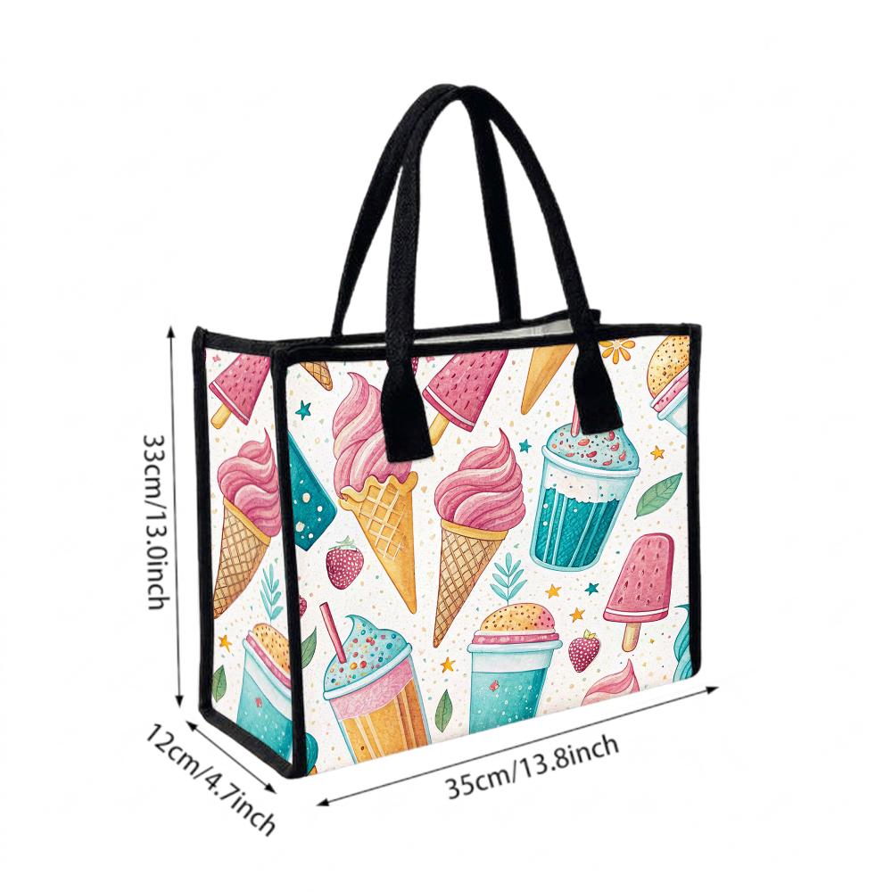 Cute Summer Ice Cream Print Tote Bag Fashion Casual Portable Shopping Handbag for Daily Use