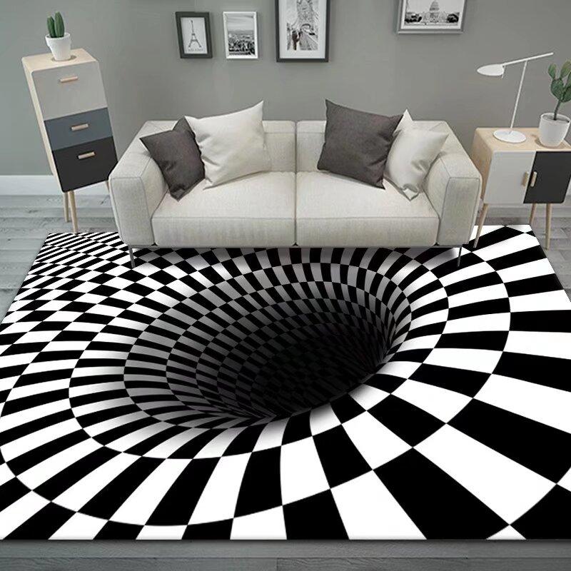 3D Vortex Illusion Black White Rug for Bedroom Floor Mat Abstract Geometric Optical Vertigo Carpet Non-slip Living Room Decor