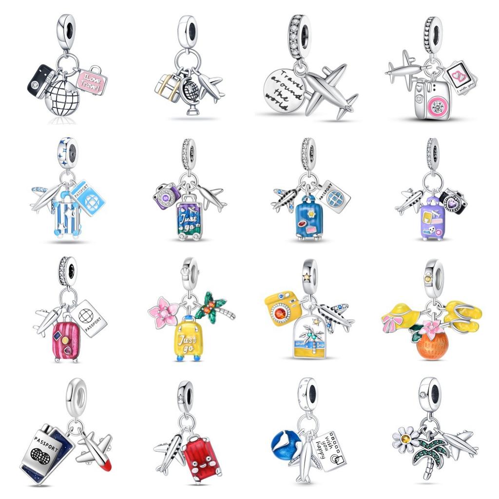 S925 Silber Reise Thema Flugzeug Gepäck Kamera Anhänger Perle DIY Schmuck Armband Zubehör Set