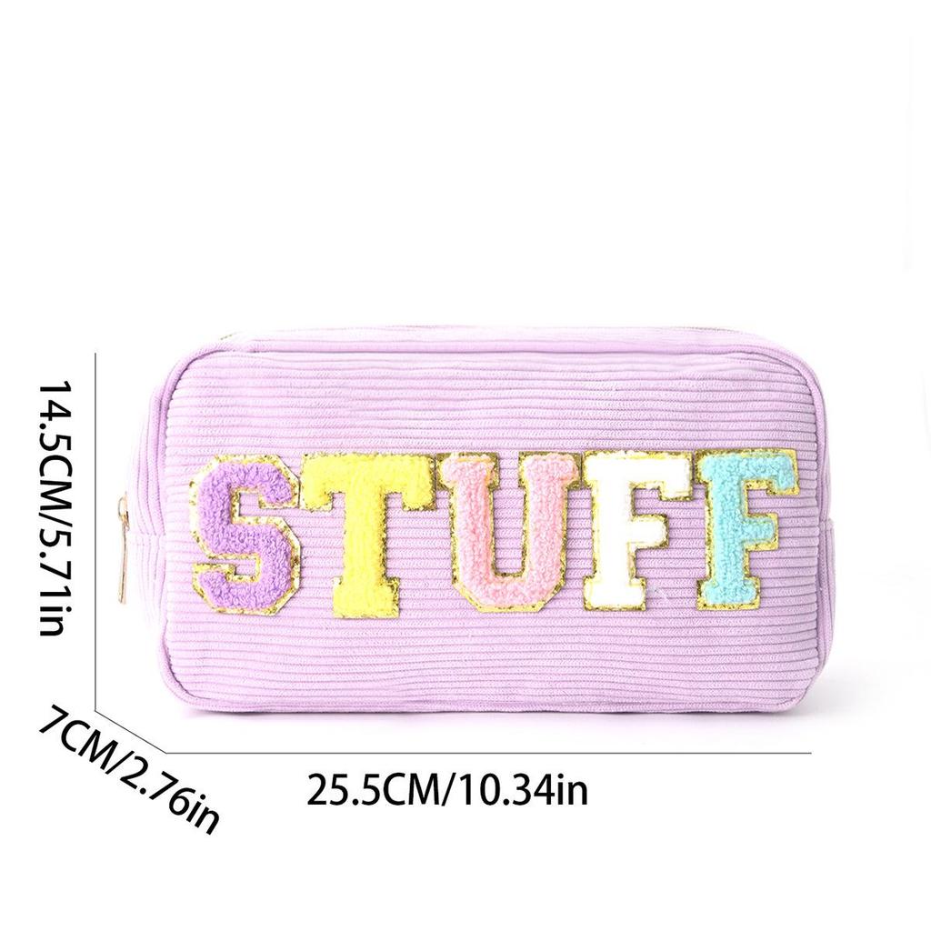 Embroidered Corduroy Letter Toiletry Bag - Large Capacity, Portable Cosmetic Storage