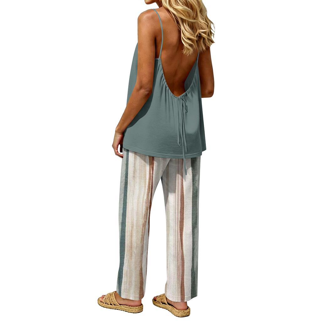 Women's Sleeveless Backless Top and Elastic Waist Pants Set, Color Loungewear