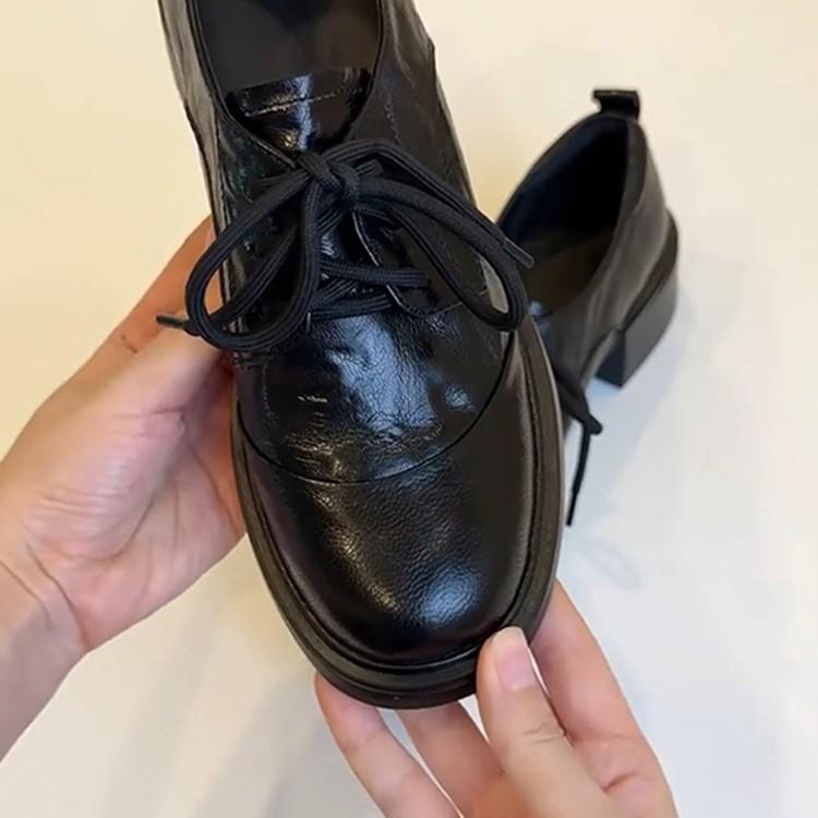 Lan Cabinet~ 2025 Autumn British retro round head lace-up loafers commuting versatile thick heel small leather shoes women's single shoes