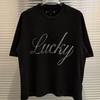 ZYLLO Men Women Rhinestone Lucky Letter Graphic T-Shirt I Feel Lucky Print Y2K Streetwear Oversized Crew Neck Short Sleeve Cotton Tee