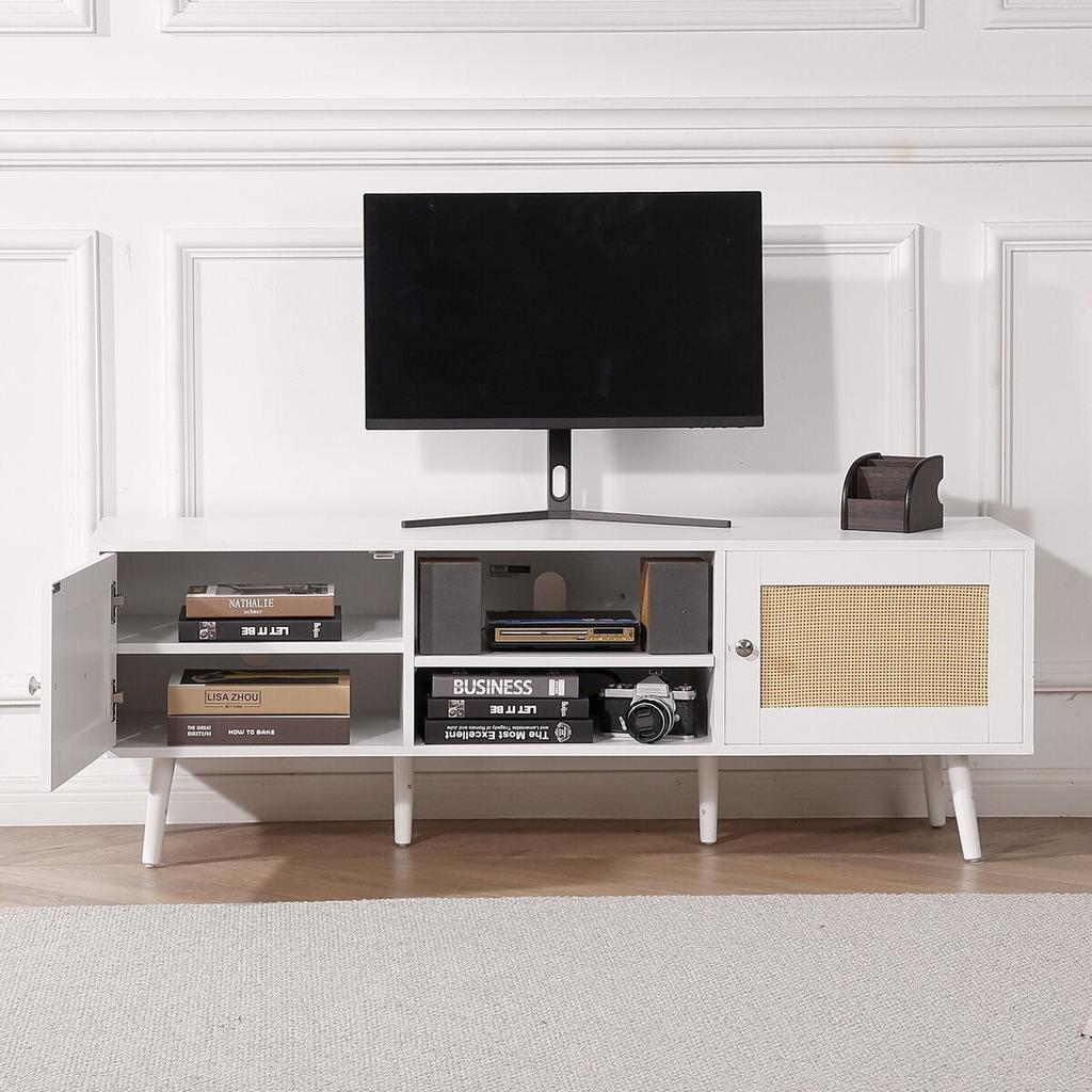 Rattan TV Stand for 65" TV Boho TV Stand with Build-in Socket White