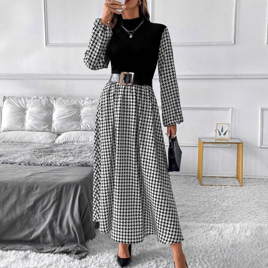 Autumn Winter Lantern Sleeve A-line Women's Dress Vintage Houndstooth Patchwork Maxi Dresses Mock Neck Black Party Dress Female