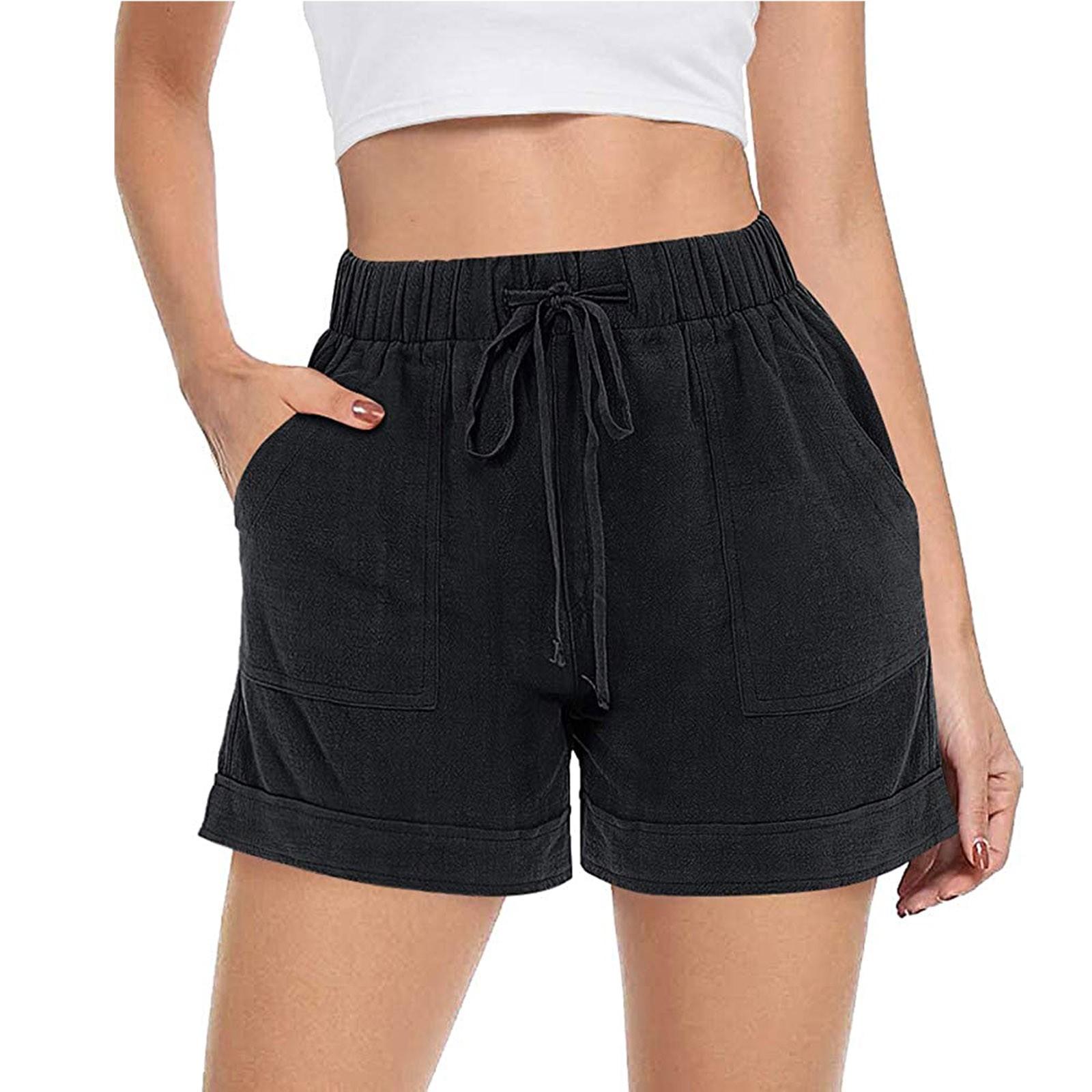 

Women s Color Frenulum Pocket Leisure Time Elastic Waist Shorts Pants M чорний