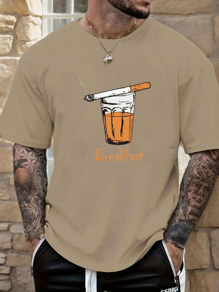 Mens Casual Tshirt Breakfast Cigarette Drink Print Short Sleeve Round Neck Breathable Oversized Edgy Daily Tee