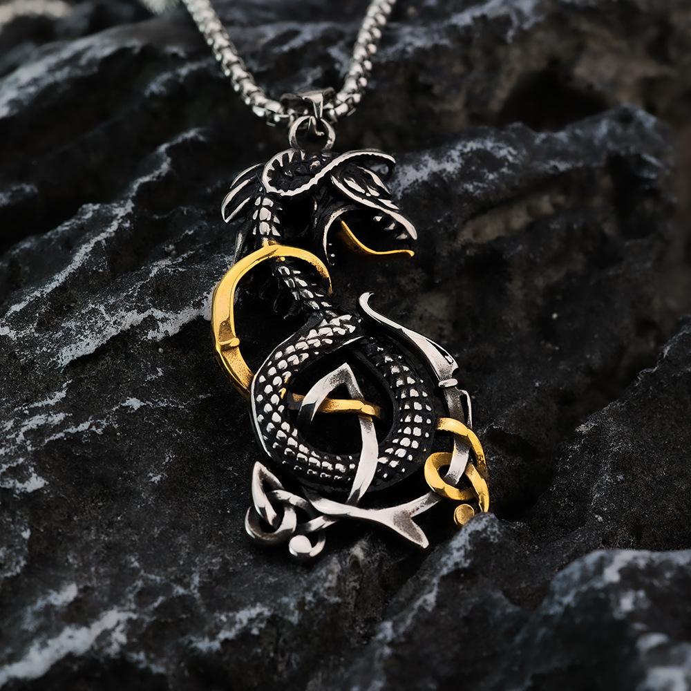Viking Style Celtic Knot Dragon Pendant Stainless Steel Necklace For Men