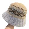 Retro Jacquard Versatile Winter Warm Wool Knit Bucket Hat Face-Slimming Fisherman Cold Weather Hat for Women Casual Round Hat