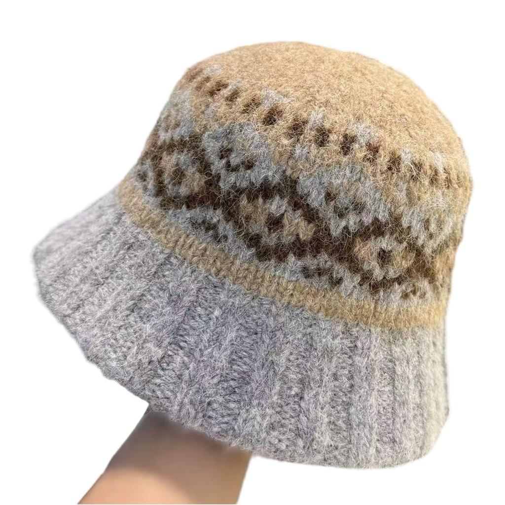 Retro Jacquard Versatile Winter Warm Wool Knit Bucket Hat Face-Slimming Fisherman Cold Weather Hat for Women Casual Round Hat