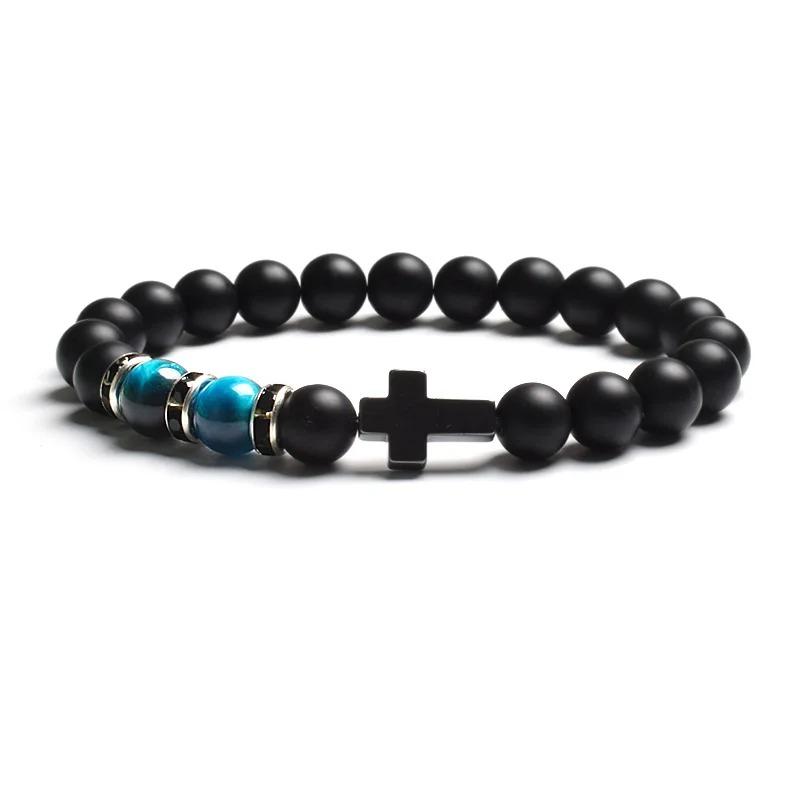 Fashion Religion Cross Men Women 8mm Natural Stone Tiger Eye & Black Matte Agates Bead Bracelet Elastic Bracelet Bangle Jewelry