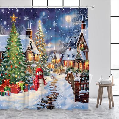 Weihnachts-Duschvorhänge Niedlicher Schneemann Weihnachtsmann Weihnachtsbaum Winterstadt Straßenlandschaft Badvorhang Heim Badezimmer Dekor Set
