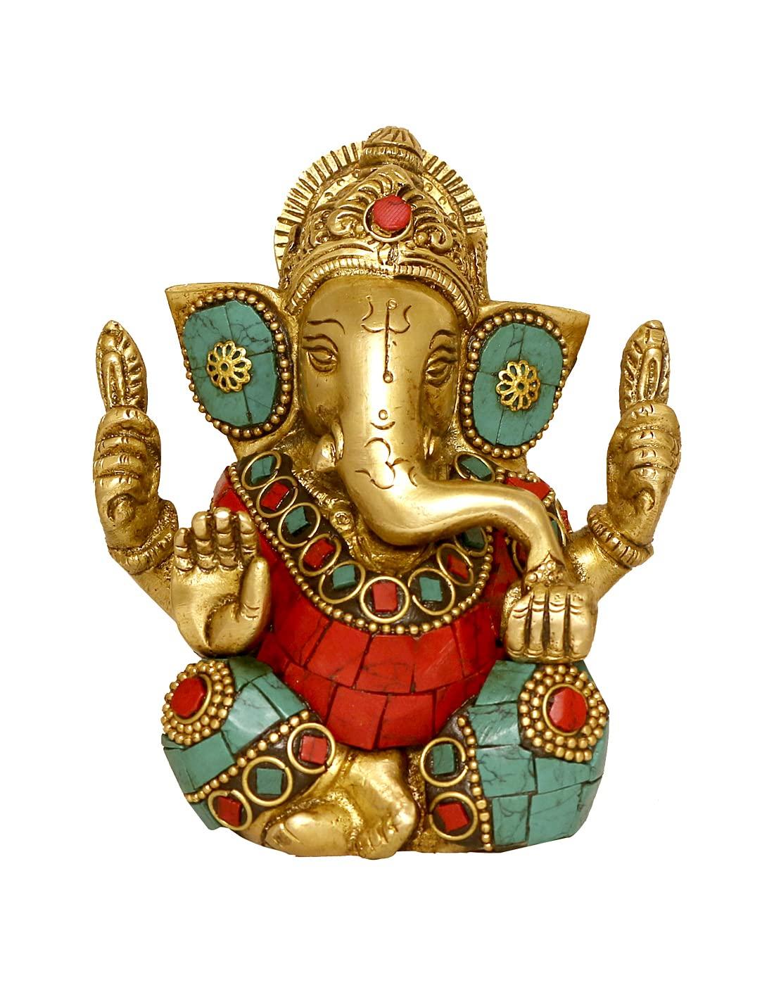 Pure Brass Metal Statue Of Ganesha Ji, Ganpati In Multicolor Stone Fitting