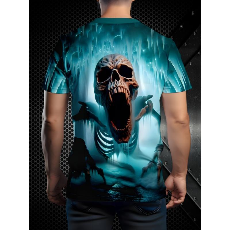 Men's Ice Skeleton 3D Printed T-Shirt Casual Short Sleeve Crewneck Top Cool Roaring Skull Glacier Graphic Tee Spooky Gothic Summer Streetwear Clothing