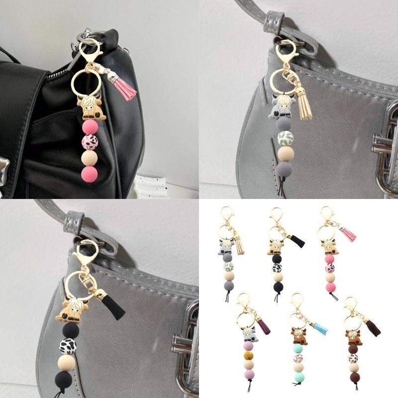 Highland Cow Keychain with Tassels and Silicone Beads Animal Keyring Fashionable Key Holder Pendant for Women and Men