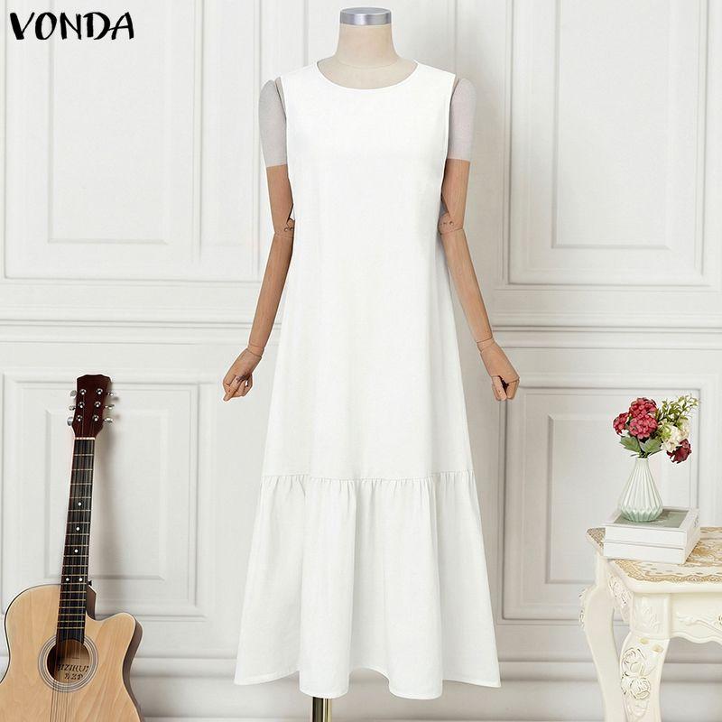 

VONDA Summer Women O Neck Sleeveless Casual Long Ruffled Swing Tank Dress S белый