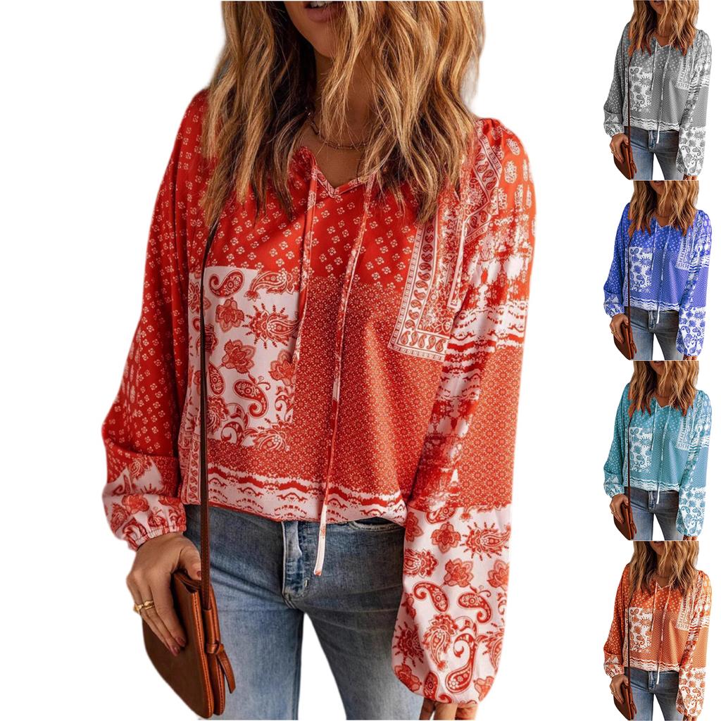 Women V Neck Casual Long Sleeve Floral Print Blouse Loose Fit Lightweight Pullover Top for Everyday Wear