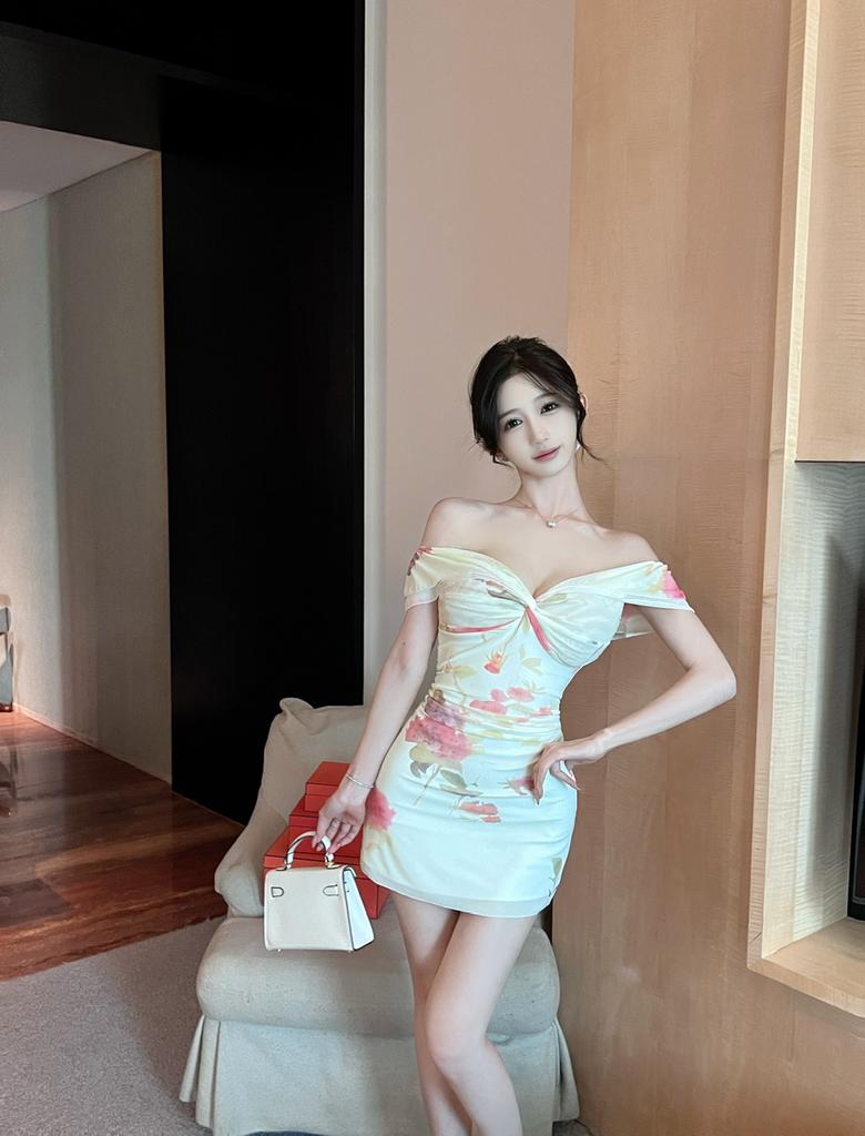 Pure desire style sexy elastic slim mesh mesh printing pleated kinked low-cut short off-the-shoulder bottoming dress