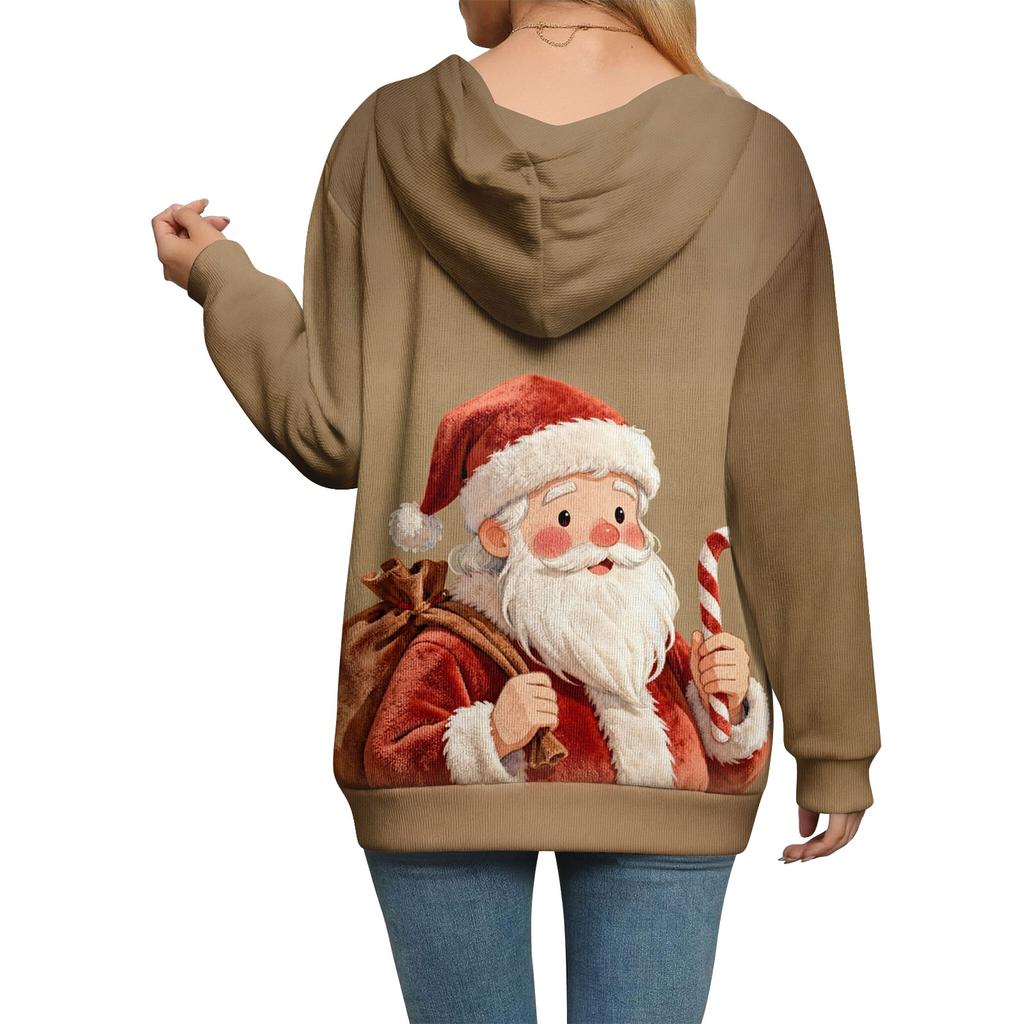 Dámská ležérní módní pletená mikina s kapucí na zip s dlouhým rukávem a vánočním potiskem