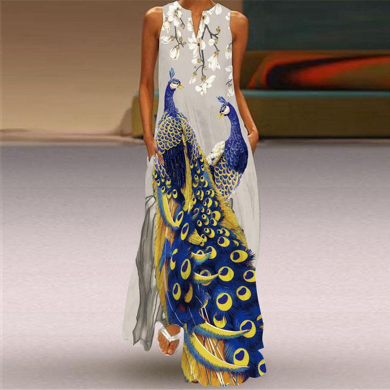 Dress Women 3D Print Peacock Dragon Big Elephant Horse Tiger Lion Animal Pattern Sleeveless Maxi Dress