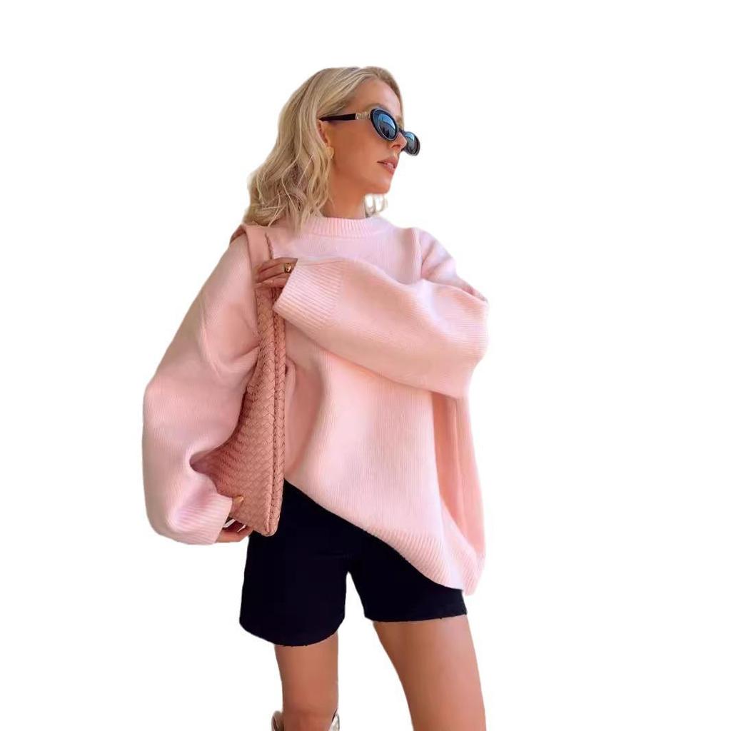 2024 Pink Sweet Round Neck Pullover Sweater - European & American Winter Style