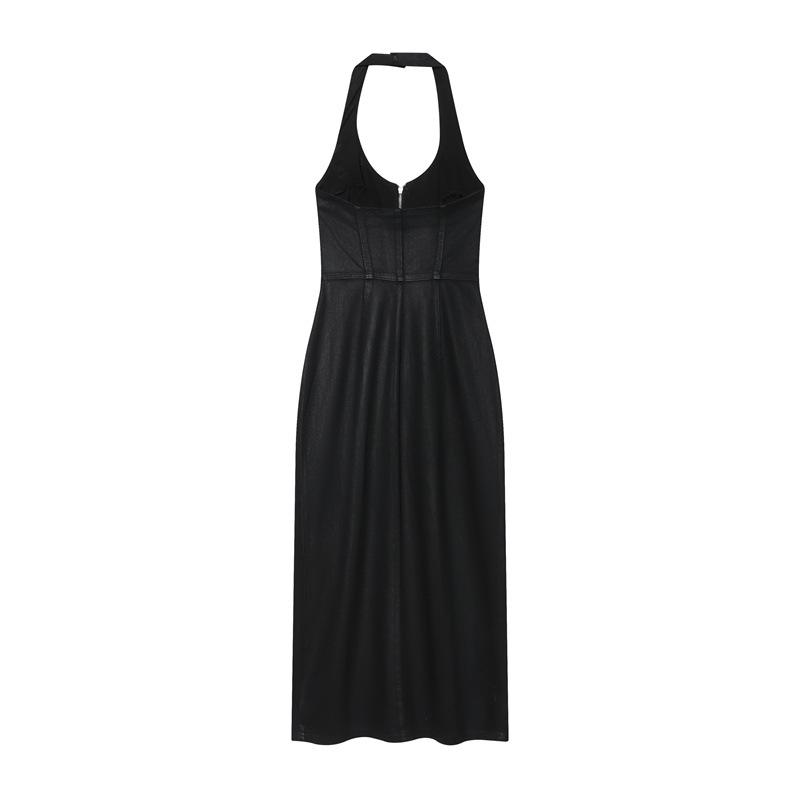 

Winter 2025 Sexy Halter Neck Denim Midi Dress Small чёрный