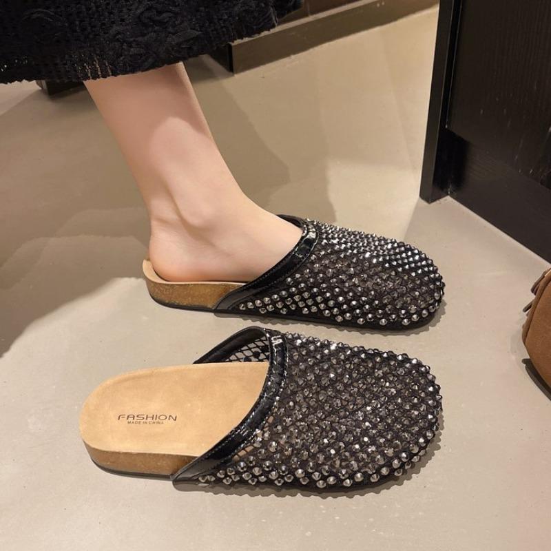 Fashion Rhinestone Half Drag Women 2025 Mesh Woven Baotou Drag Outside Wear Beach Shoes