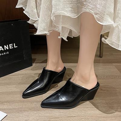 Fashion Pointed Women's Slippers Loafers Luxury Slides Female Mule Cover Toe Wedge Heeled Casual Shoes New Designer Sandals Plus Size 42