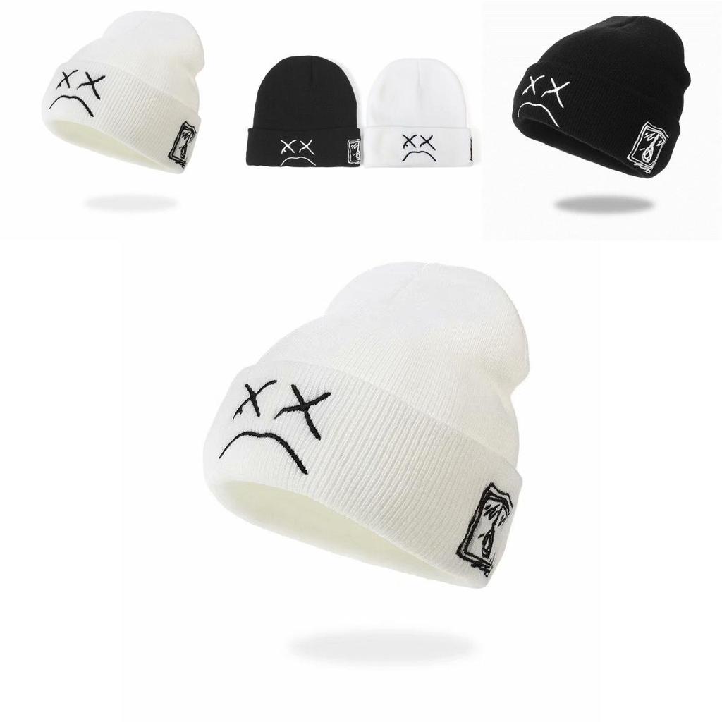 Embroidered Knit Hat With Sad Face Expression For Winter Men Women