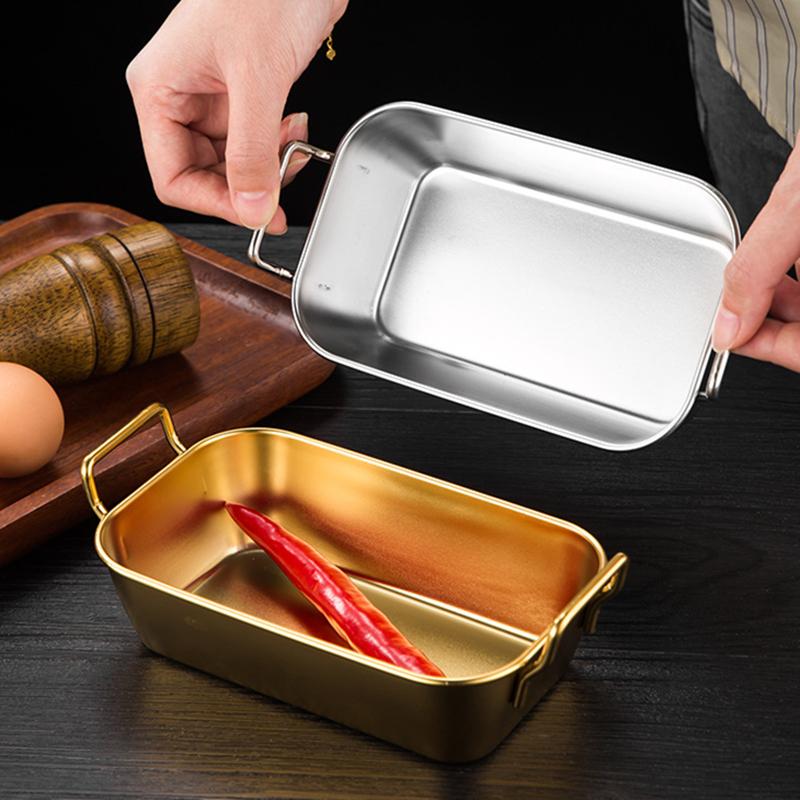 Korean Thicken Stainless Steel Food Storage Tray French Fries Plate with Handle Square Snack Dishes Kitchen Utensils