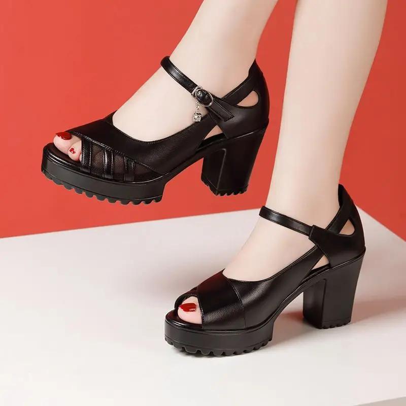 6cm 8cm Small Size 32-43 Quality Genuine Leather Sandals Block High Heels Shoes 2024 Summer Chunky Platform Sandals Office Mom