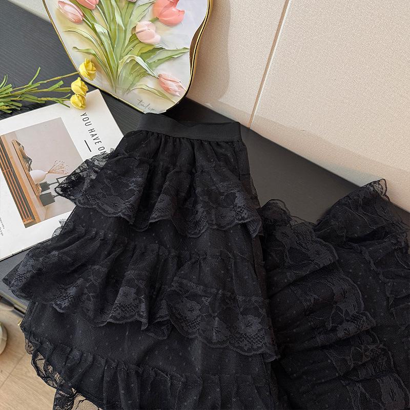 Women's Autumn 2025 A-line French Ruffled Lace Pleated Skirt
