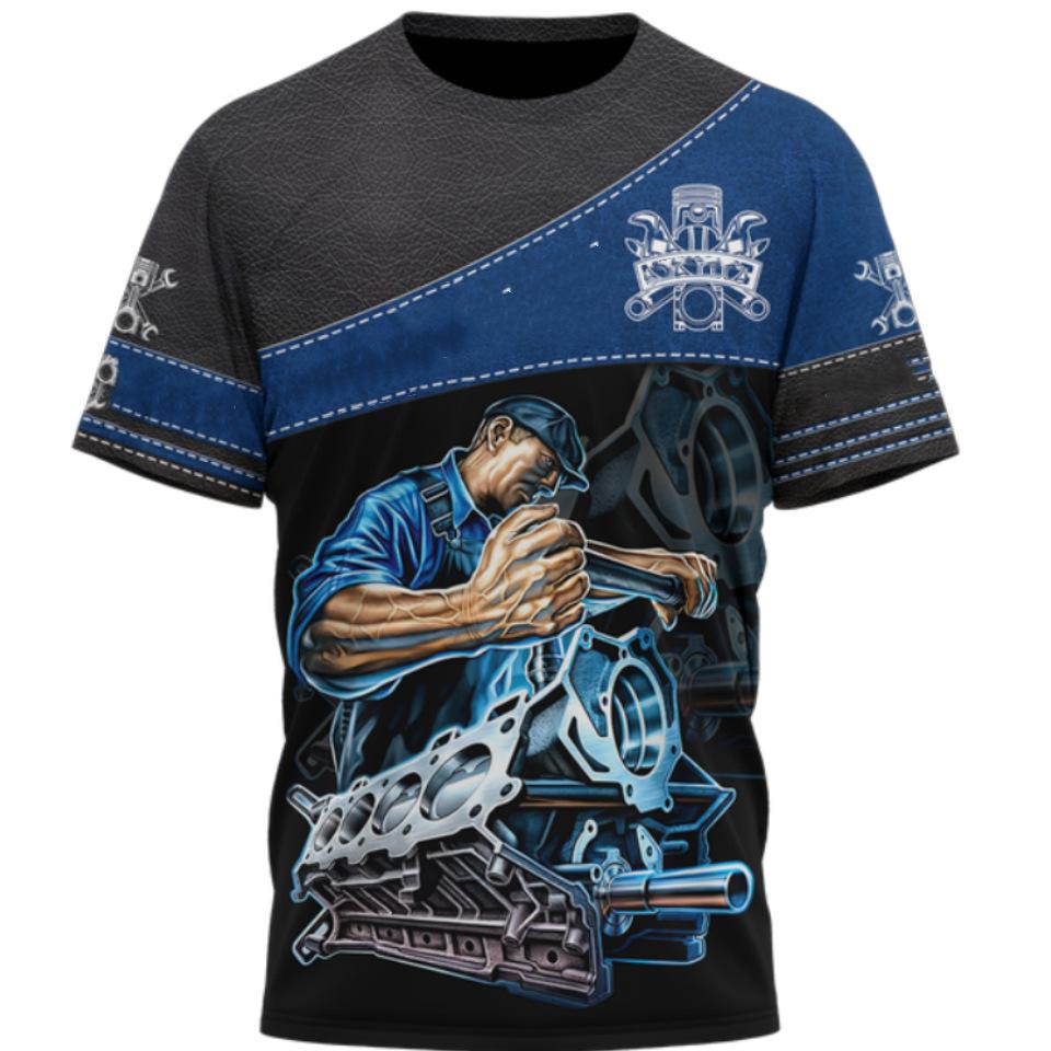 Mechanic 3D Printed Short Sleeved T-shirt Summer Breathable Polyester Simple Round Neck Top