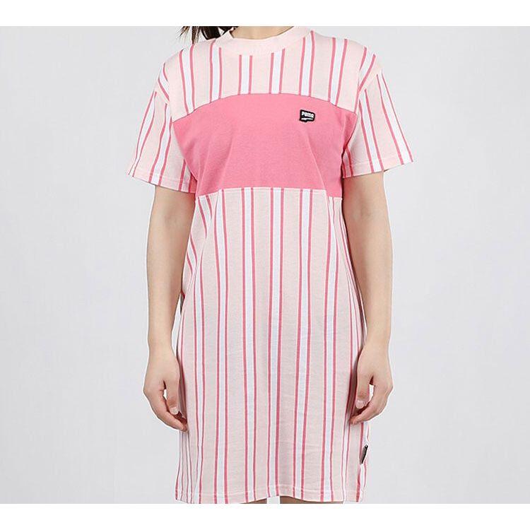 Puma Logo Patchwork Striped Casual Sports Comfortable Breathable Pullover Round Neck Short Sleeve Dress Women dress Pink 596007-17