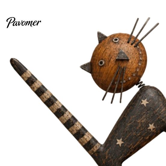 Vintage Style Home Accents Rustic Wooden Cat Ornament with Spring Shaking Head for Farmhouse Tabletop Wood Art Decor, Handcrafted Retro Folk