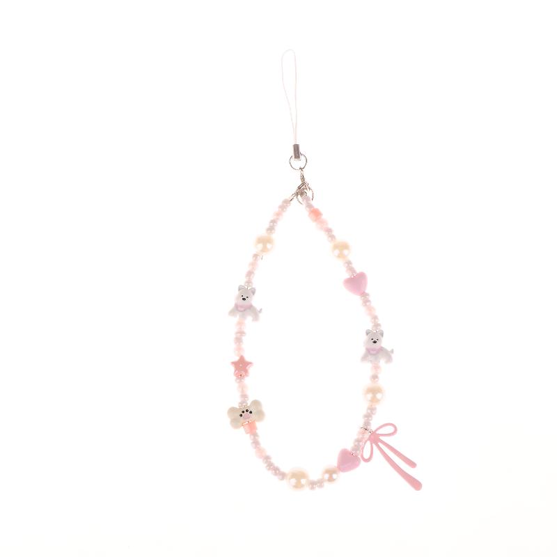 Y2K Cute Pink Puppy Beaded Phone Chain Cartoon West Highland Dog Phone Lanyard Wristband Keyring Universal Hanging Cord