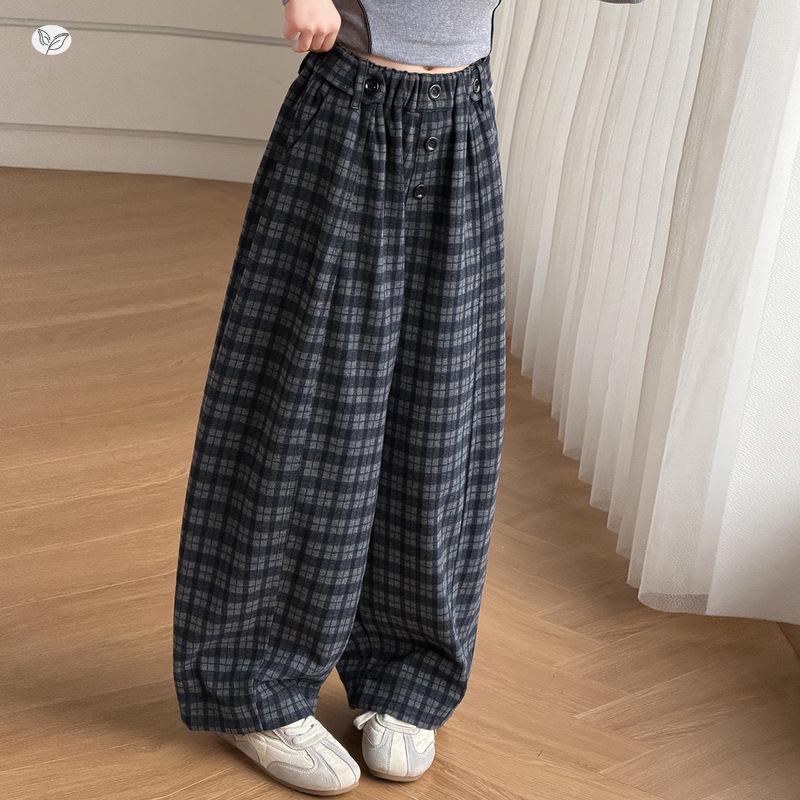Girls' Wool Plaid Wide-Leg Pants 2026 - Autumn Collection, Mid-to-Large Casual 5-Button Long Pants