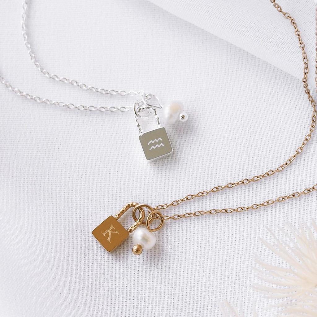 18K Gold Plated Pearl & Stainless Steel Zodiac Lock Pendant Necklace