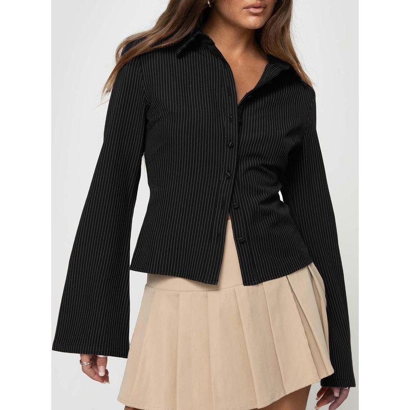 

Women Striped Button down Shirts Long Sleeve Shirts Black 2XL